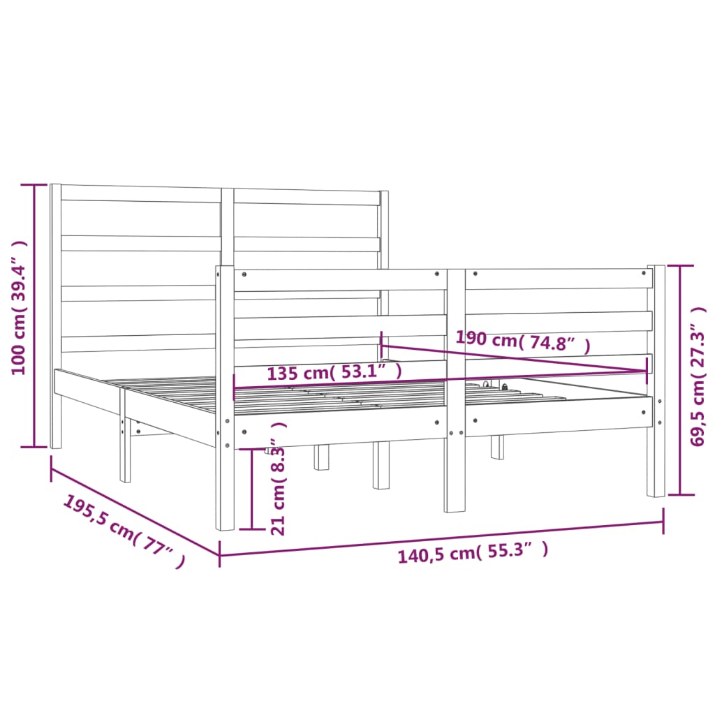 sengestel 135x190 cm Double massivt fyrretræ grå