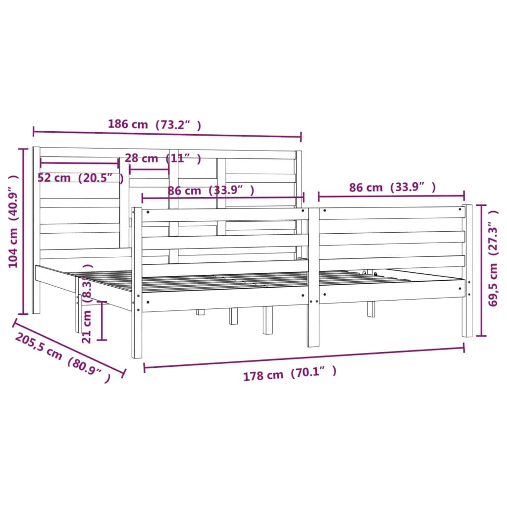 sengestel 180x200 cm Super King massivt fyrretræ hvid