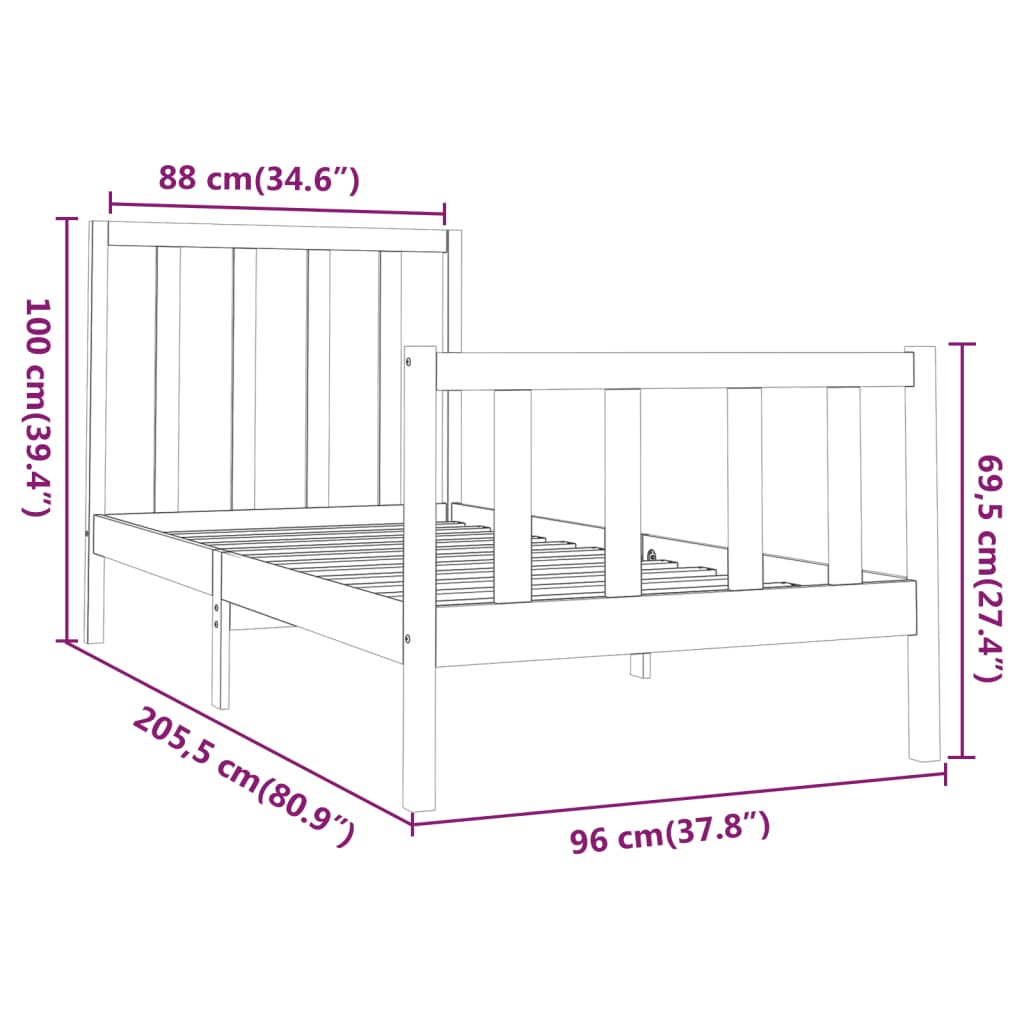 sengeramme uden madras 90x200 cm massivt fyrretræ