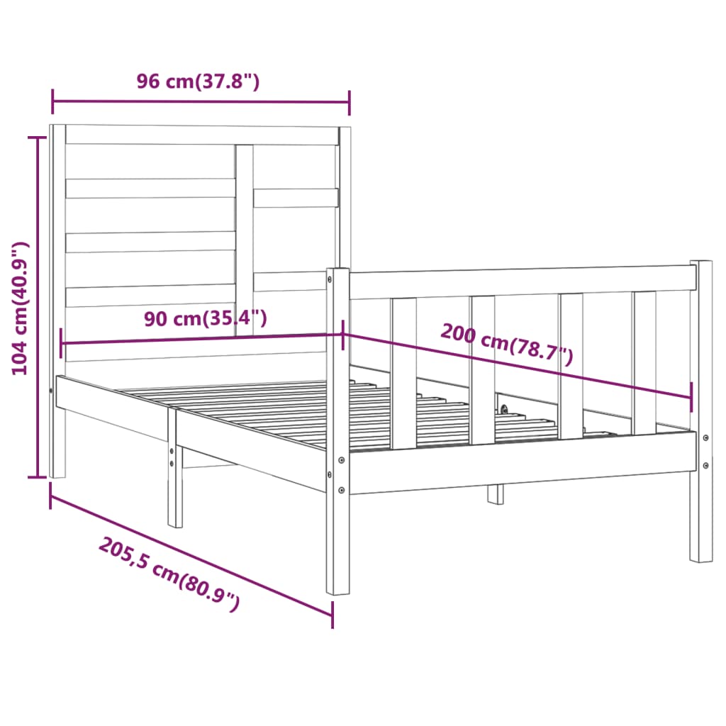 sengeramme uden madras 90x200 cm massivt fyrretræ