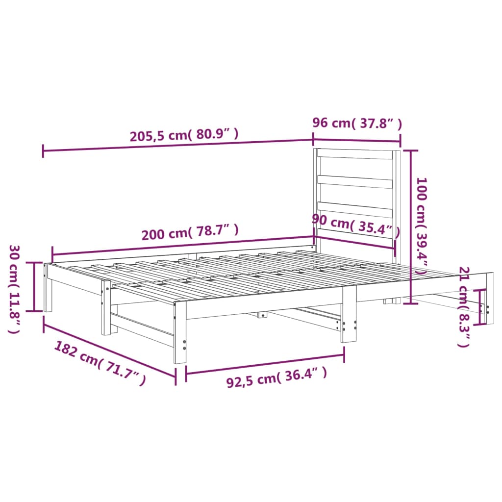 daybed med udtræk 2x(90x200) cm massivt fyrretræ sort