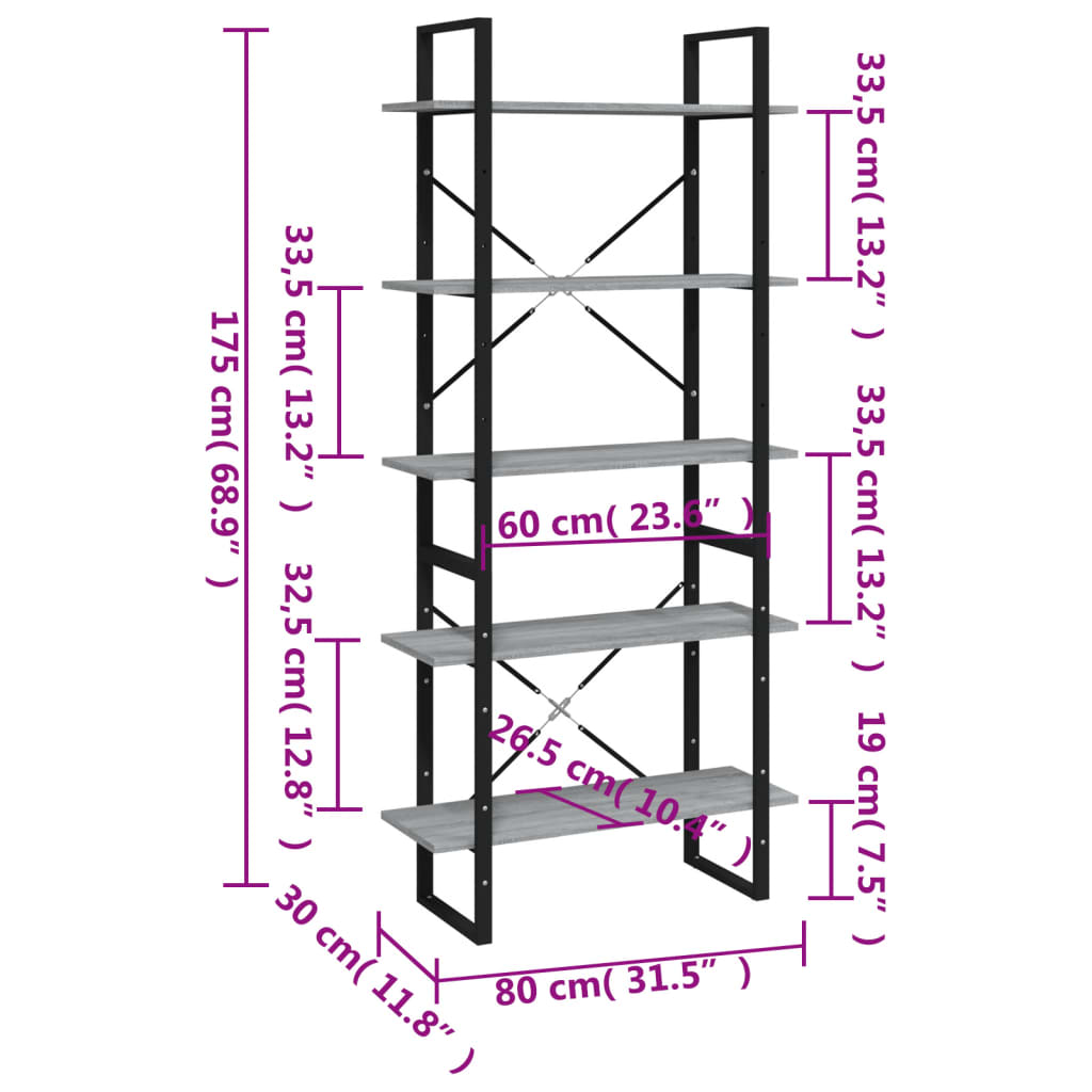 bogreol med 5 hylder 80x30x175 cm konstrueret træ grå sonoma-eg