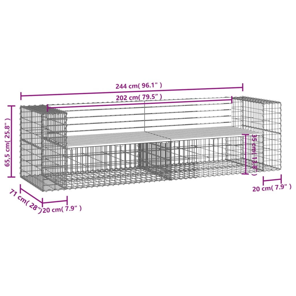 havebænk med gabiondesign 244x71x65,5 cm massivt fyrretræ