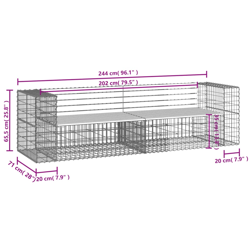 havebænk med gabiondesign 244x71x65,5 cm imprægneret fyrretræ