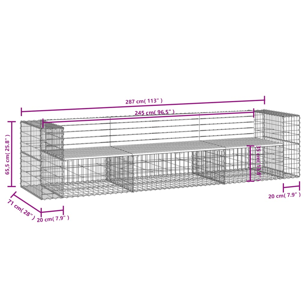 havebænk med gabiondesign 287x71x65,5 cm massivt fyrretræ