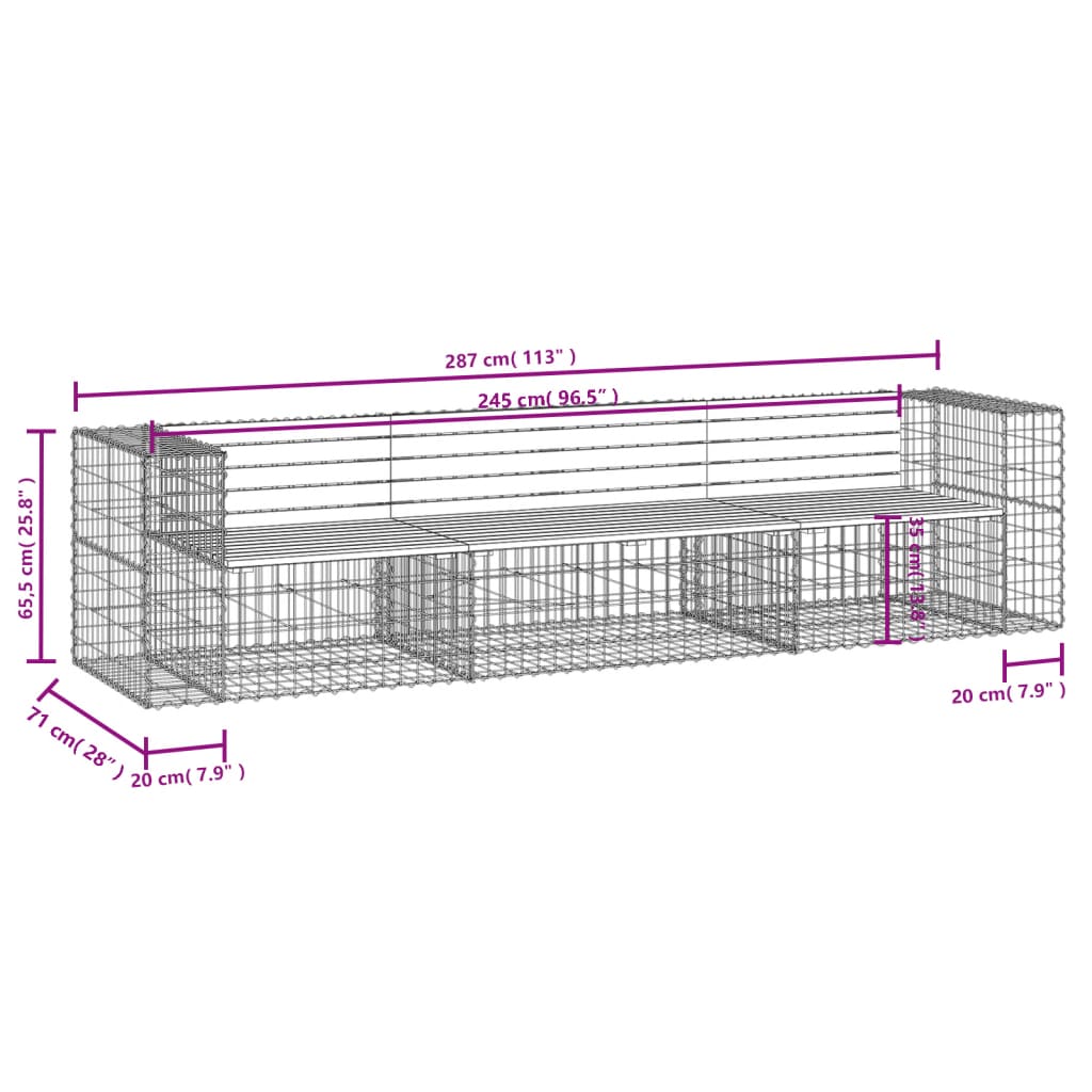 havebænk med gabiondesign 287x71x65,5 cm massivt douglasgran