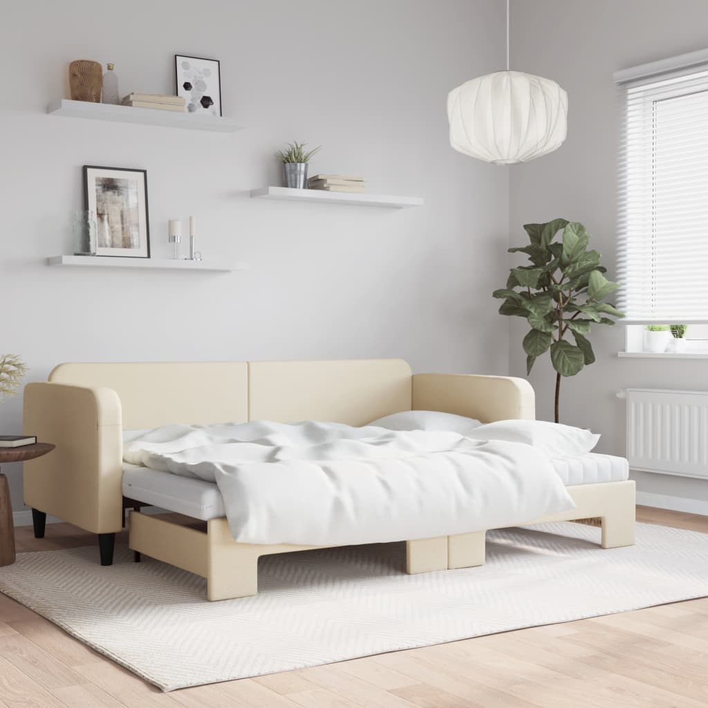 daybed med udtræk og madras 80x200 cm stof cremefarvet