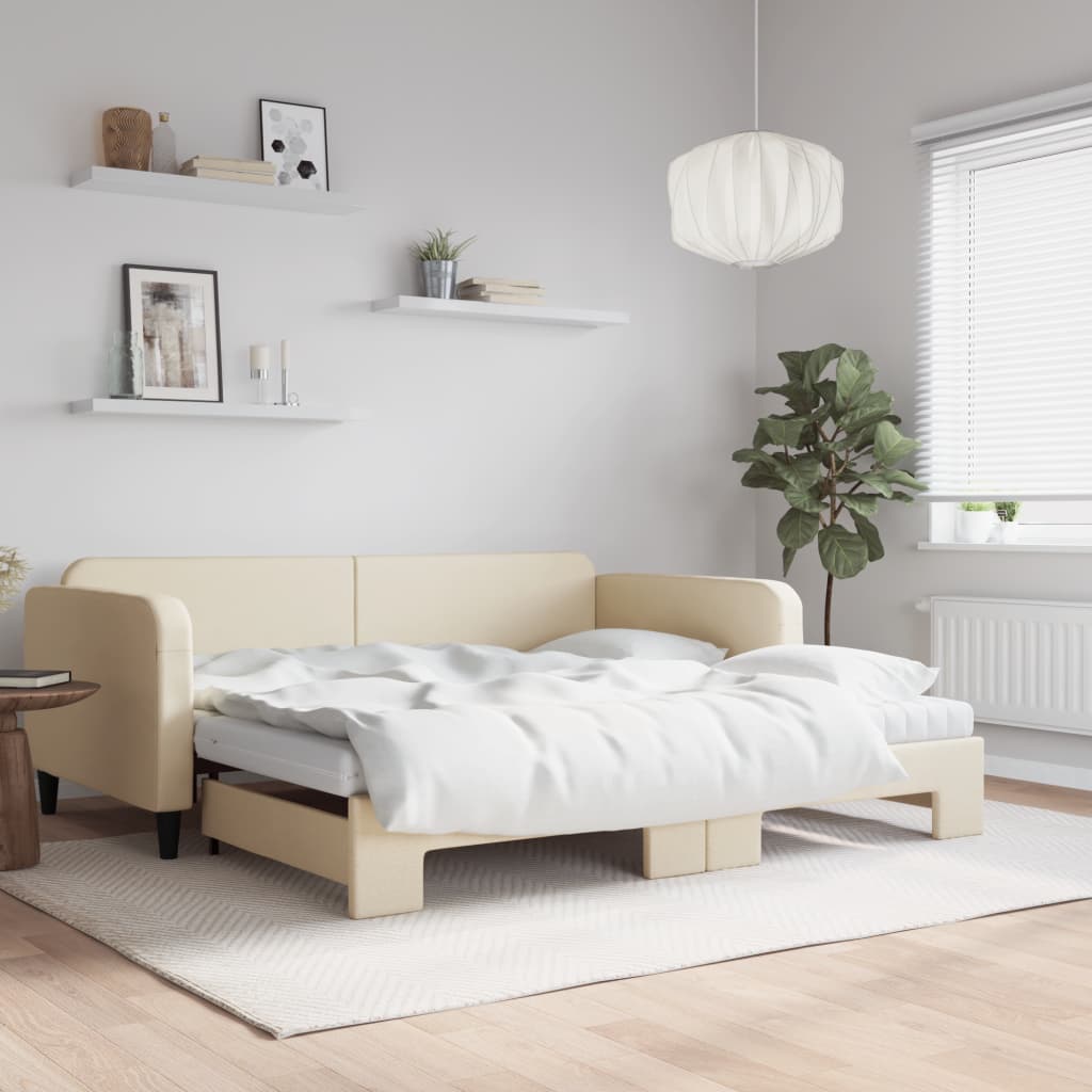 daybed med udtræk og madras 100x200 cm stof cremefarvet