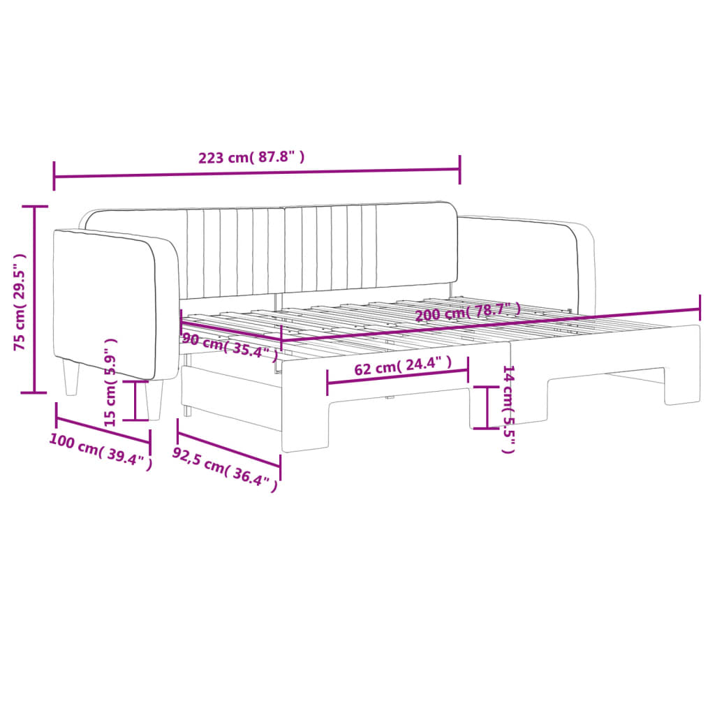 daybed med udtræk 90x200 cm velour sort