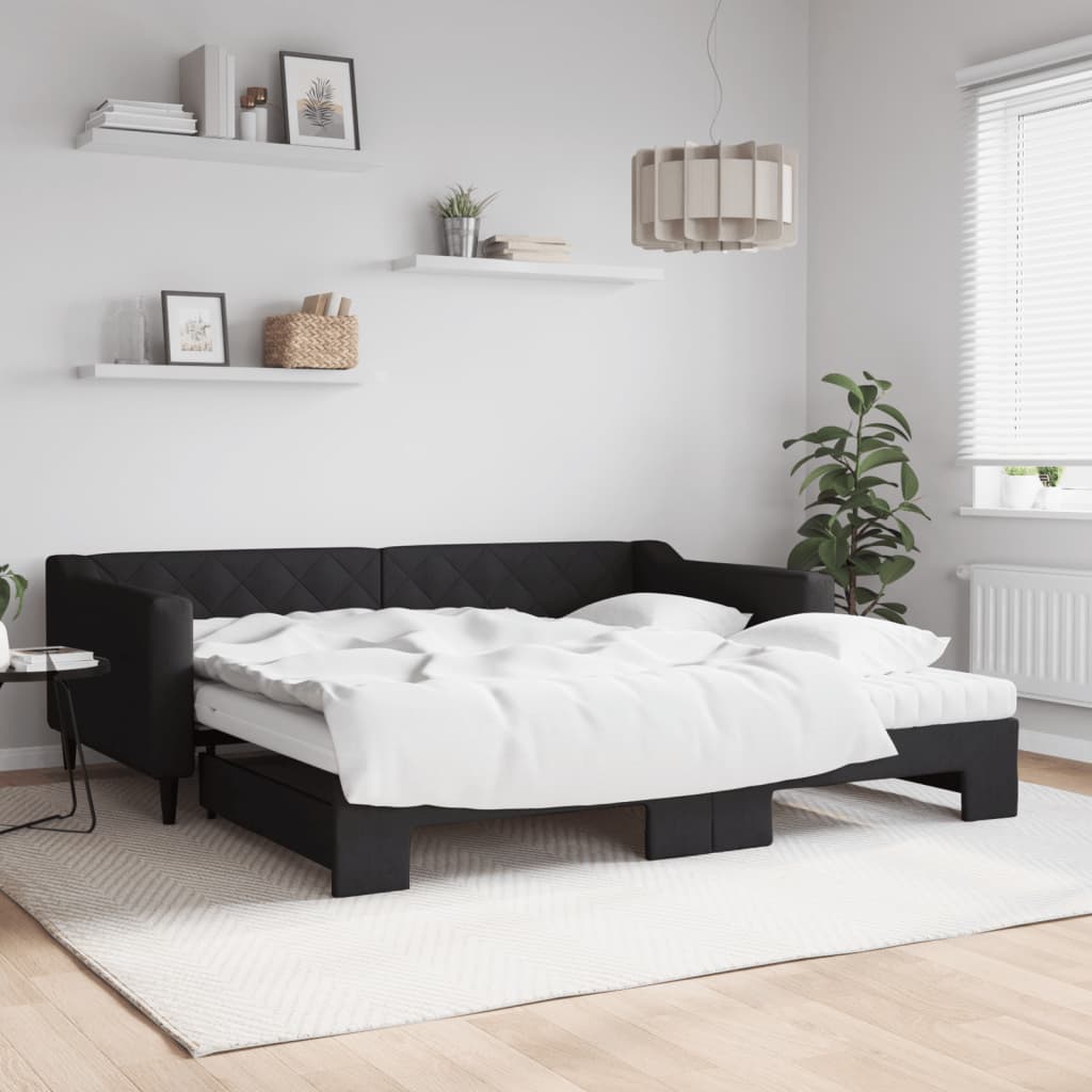 daybed med udtræk og madras 100x200 cm stof sort