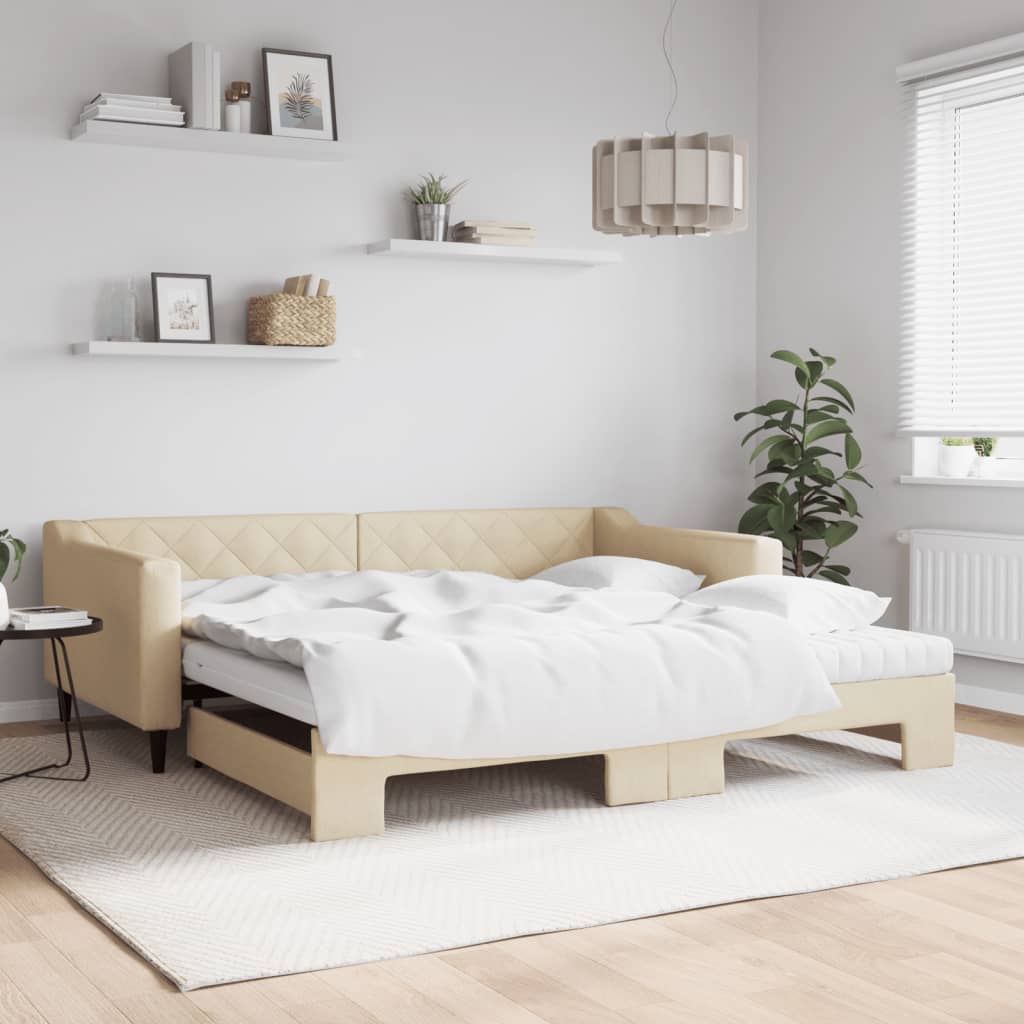 daybed med udtræk og madras 100x200 cm stof cremefarvet
