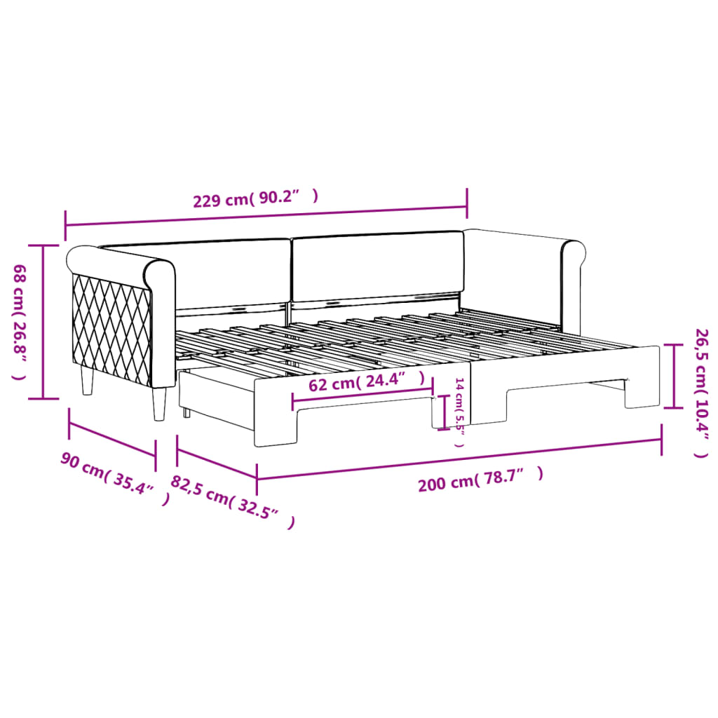 daybed med udtræk 80x200 cm velour lyserød