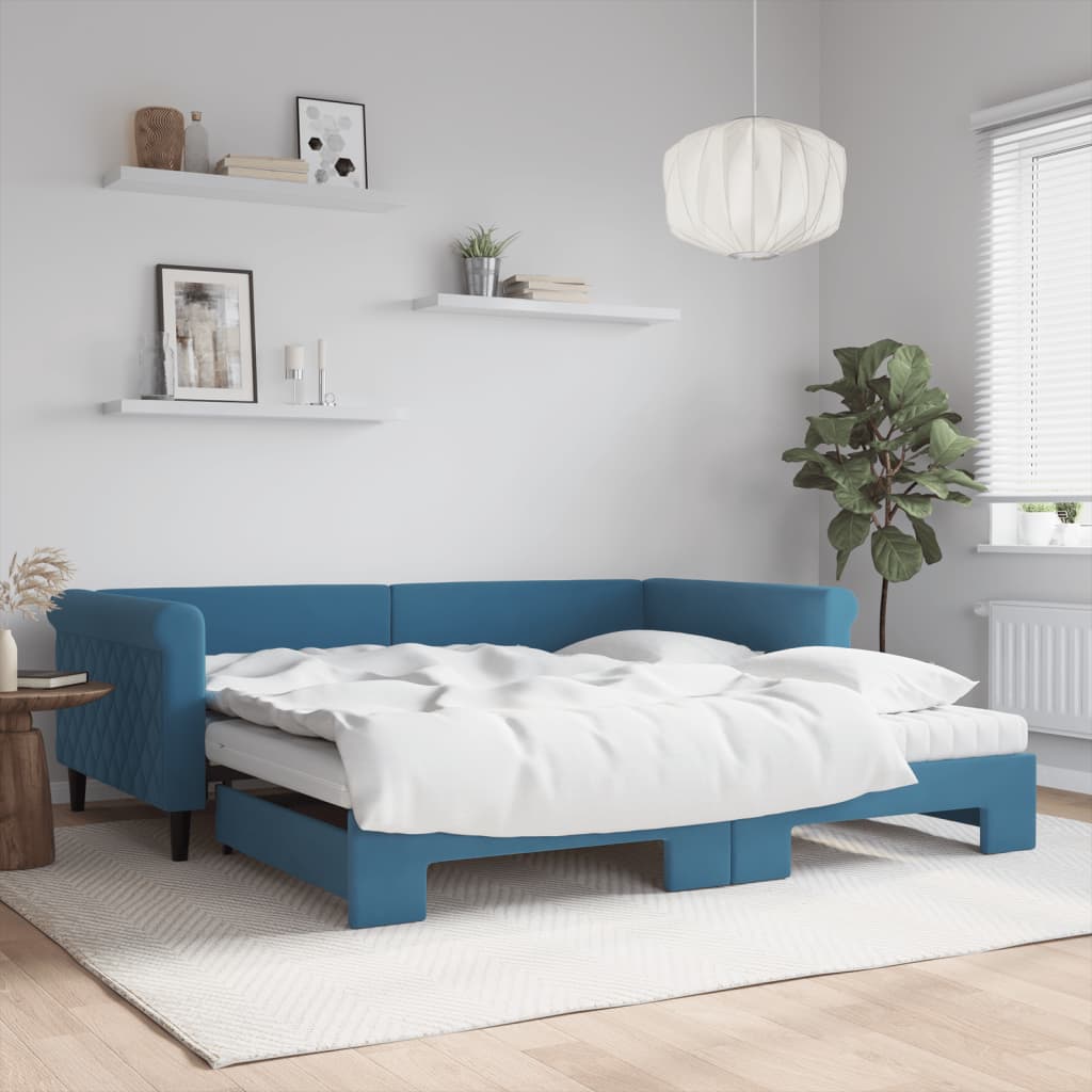 daybed med udtræk og madras 100x200 cm velour blå