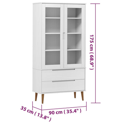 vitrineskab MOLDE 90x35x175 cm massivt fyrretræ hvid