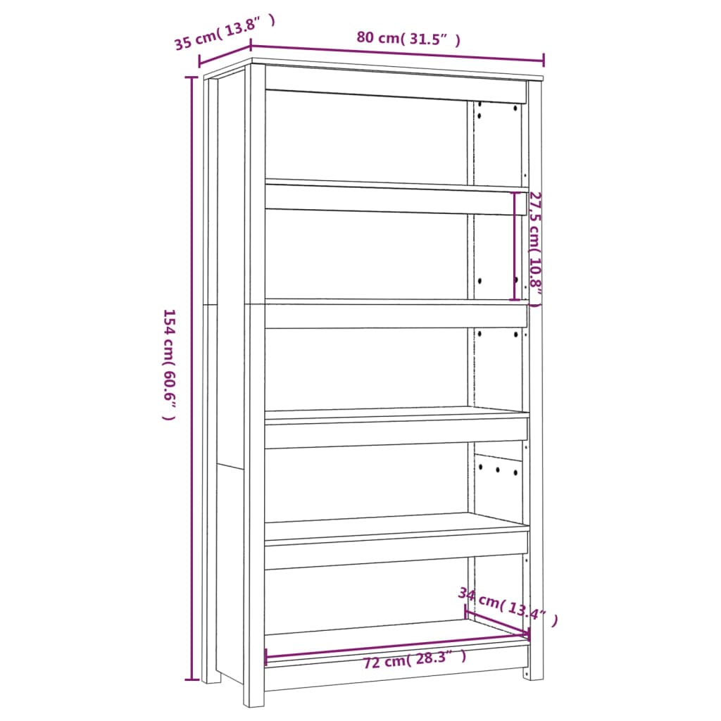 bogreol 80x35x154 cm massivt fyrretræ hvid