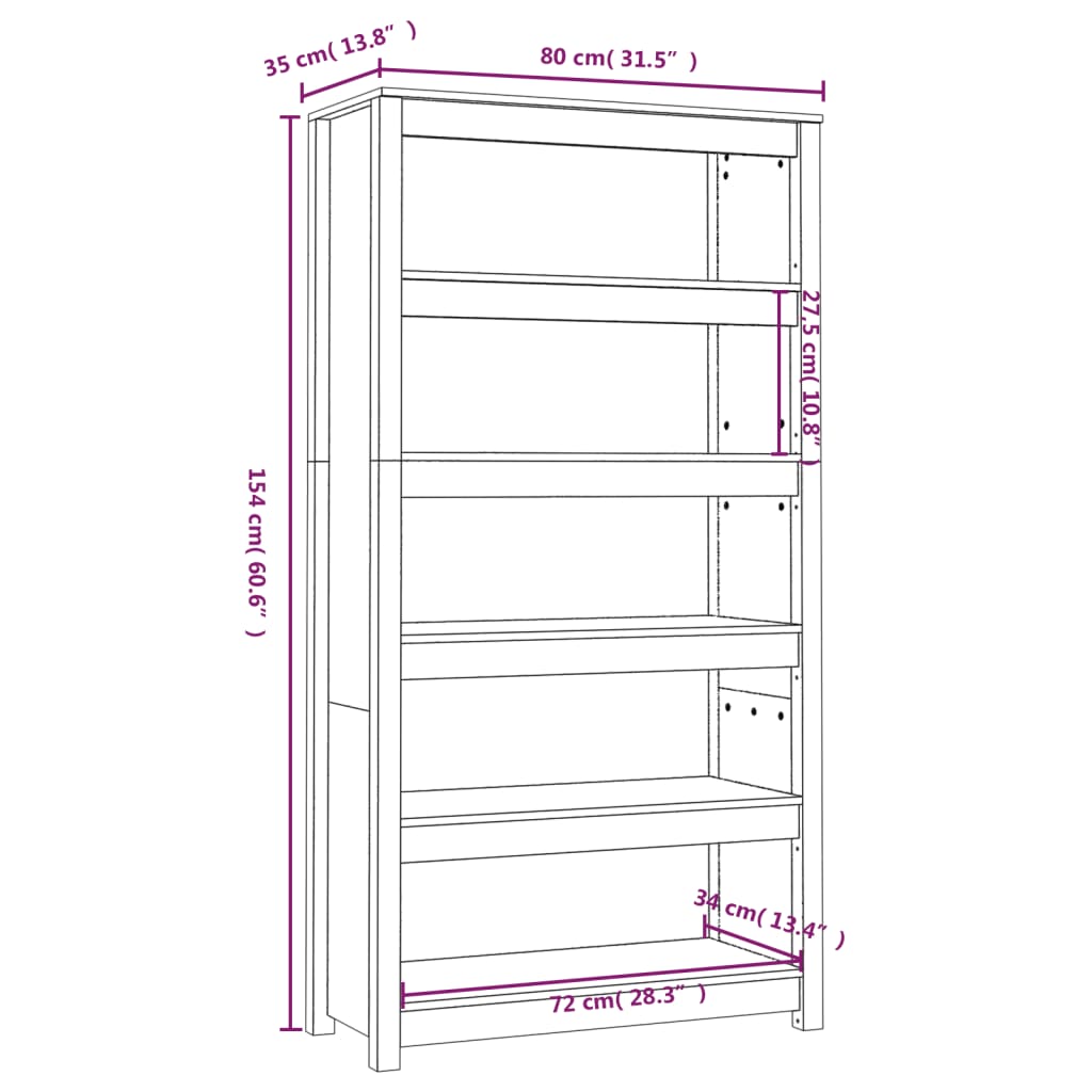 bogreol 80x35x154 cm massivt fyrretræ gyldenbrun