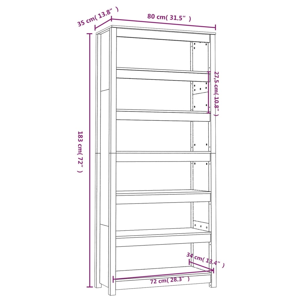 bogreol 80x35x183 cm massivt fyrretræ