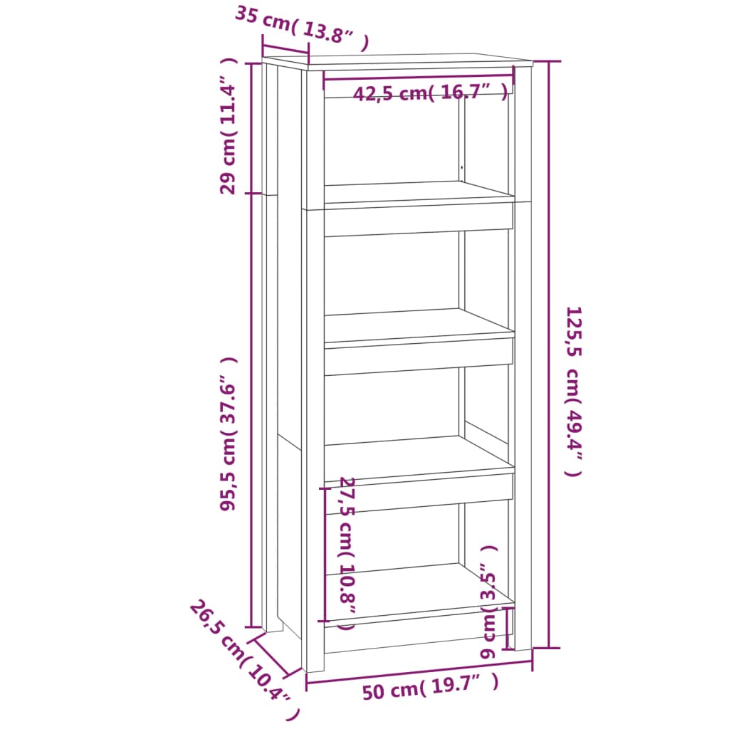 bogreol 50x35x125,5 cm massivt fyrretræ