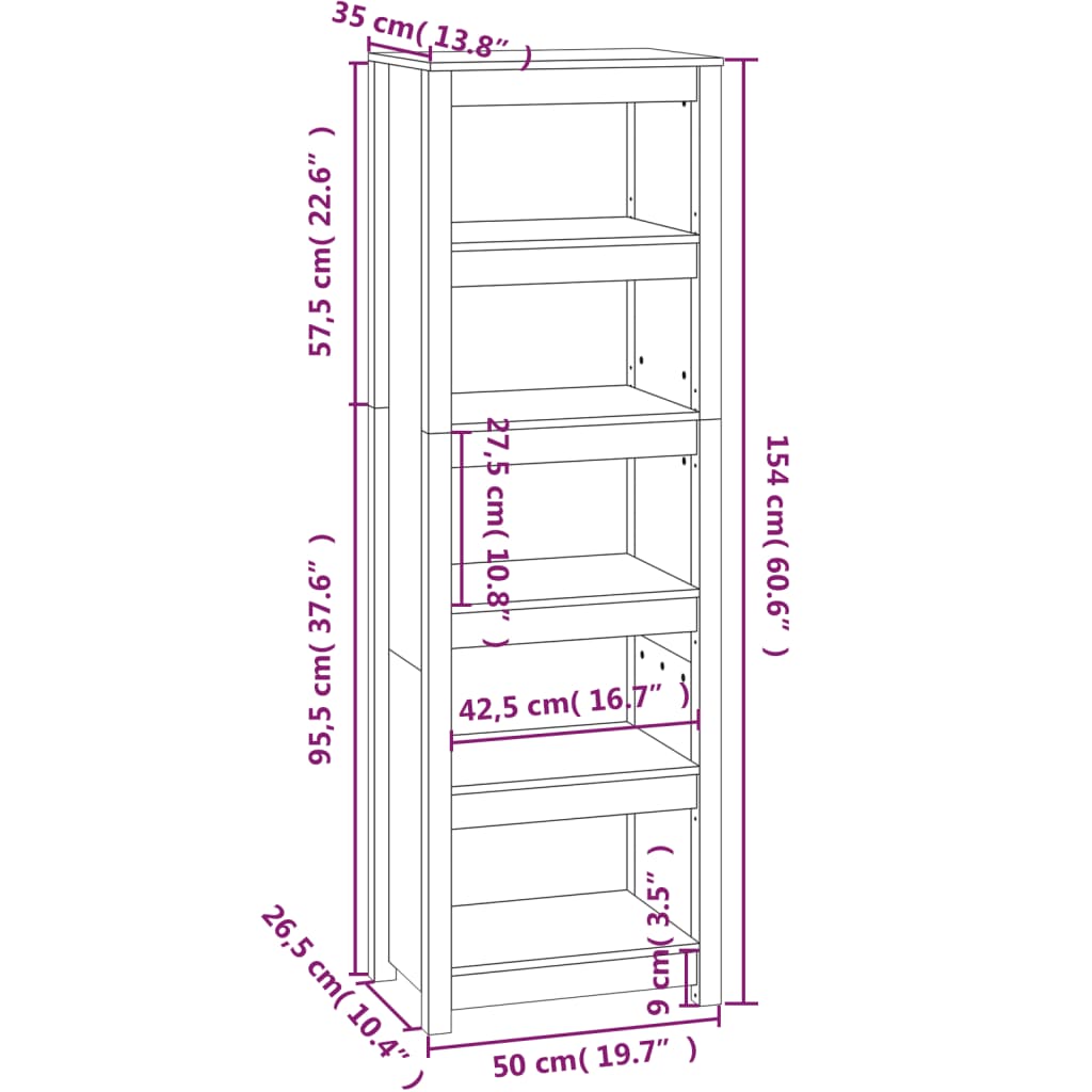 bogreol 50x35x154 cm massivt fyrretræ hvid