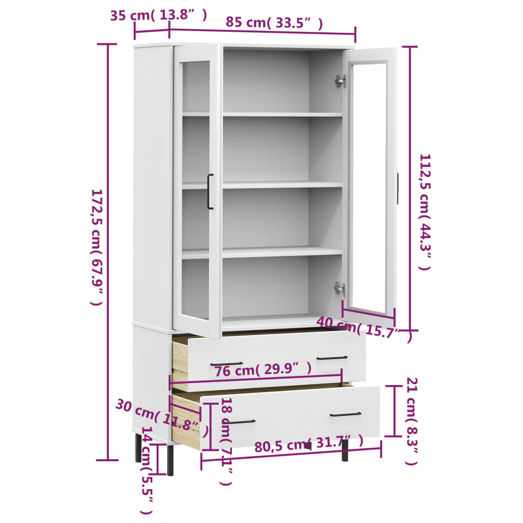 bogskab med metalben OSLO 85x35x172,5 cm massivt træ hvid