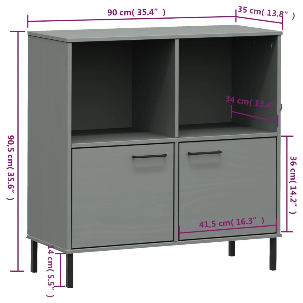 bogskab med metalben OSLO 90x35x128,5 cm massivt træ grå