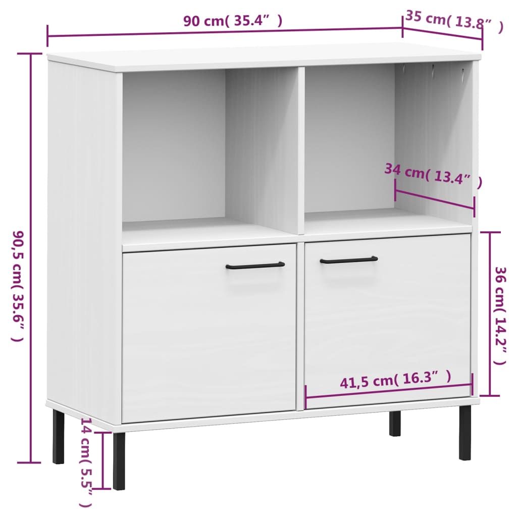 bogskab med metalben OSLO 90x35x90,5 cm massivt træ hvid