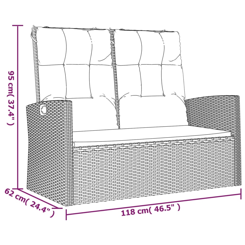 havebænk med hynder 118 cm polyrattan grå