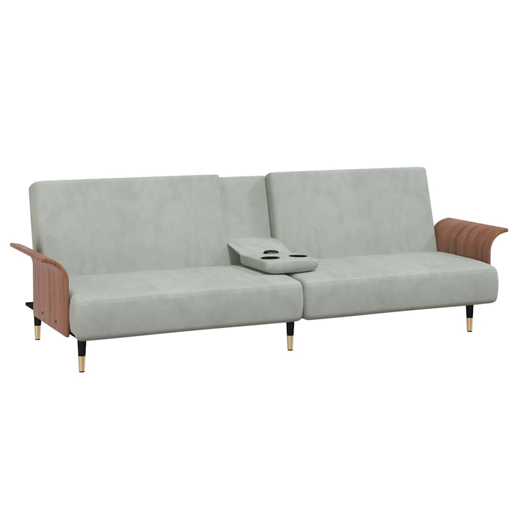 sovesofa med kopholdere velour lysegrå