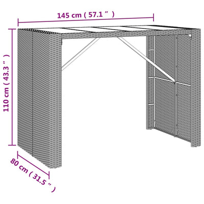 barbord med glasplade 145x80x110 cm polyrattan sort