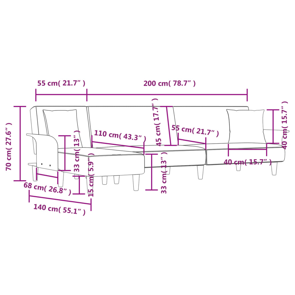 L-formet sovesofa 279x140x70 cm stof sort