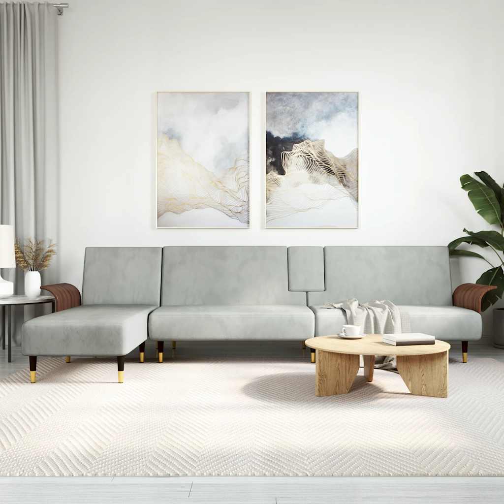 L-formet sovesofa 279x140x70 cm velour lysegrå