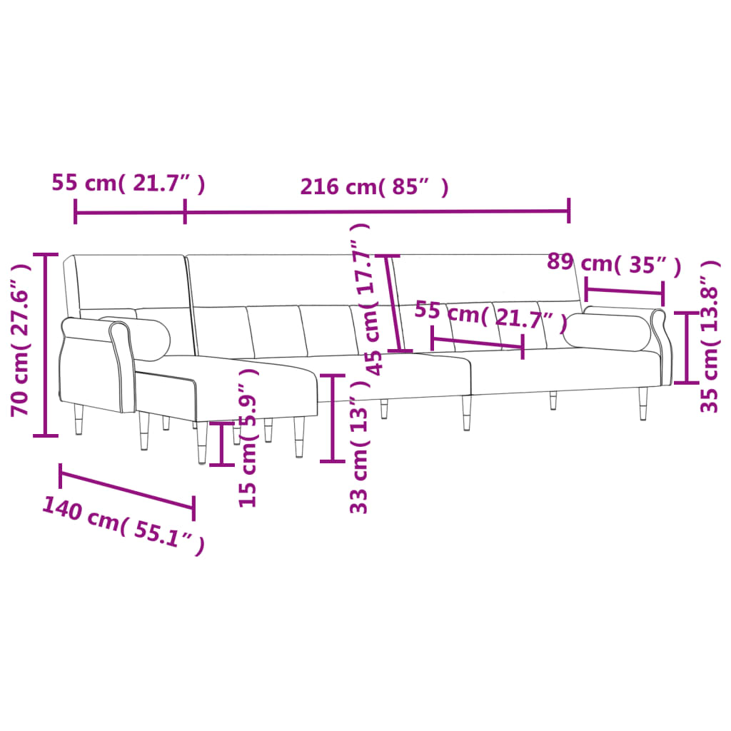 L-formet sovesofa 271x140x70 cm velour sort