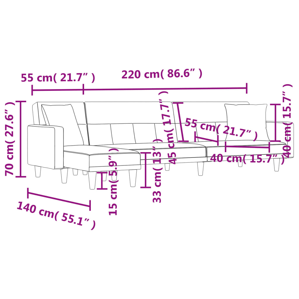 L-formet sovesofa 275x140x70 cm stof lysegrå