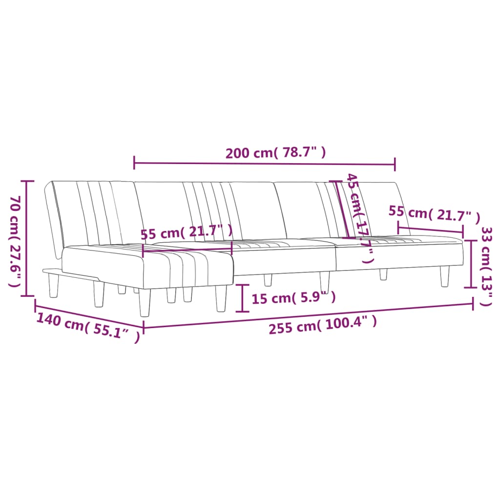 L-formet sovesofa 255x140x70 cm stof lysegrå