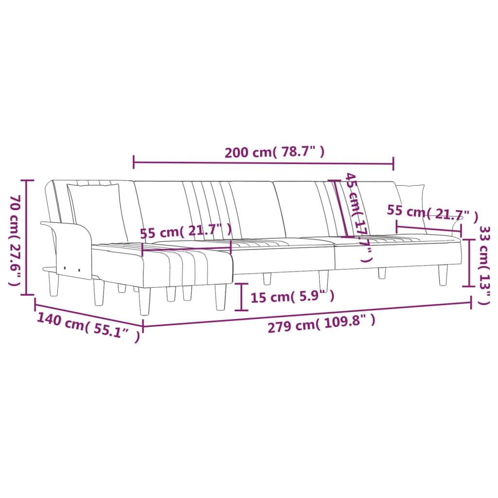 L-formet sovesofa 279x140x70 cm velour lysegrå