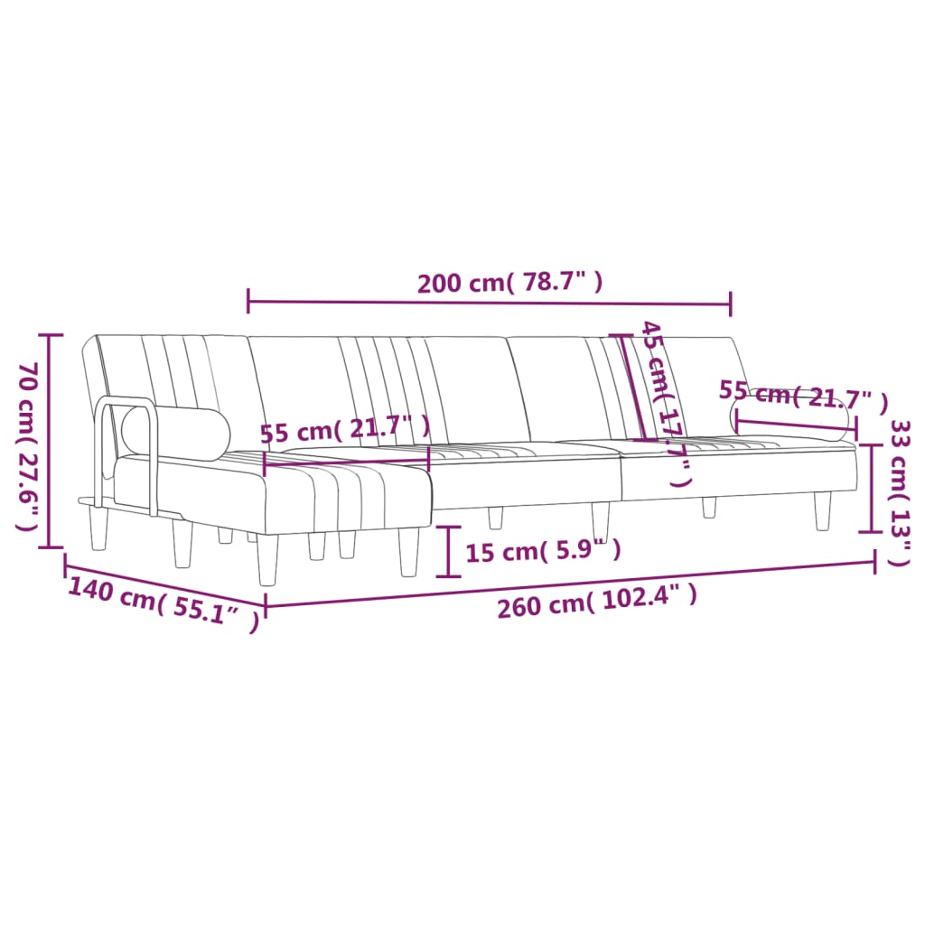 L-formet sovesofa 260x140x70 cm velour mørkegrå