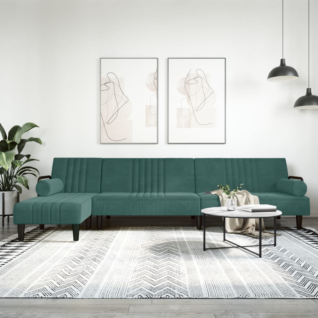 L-formet sovesofa 260x140x70 cm velour mørkegrøn