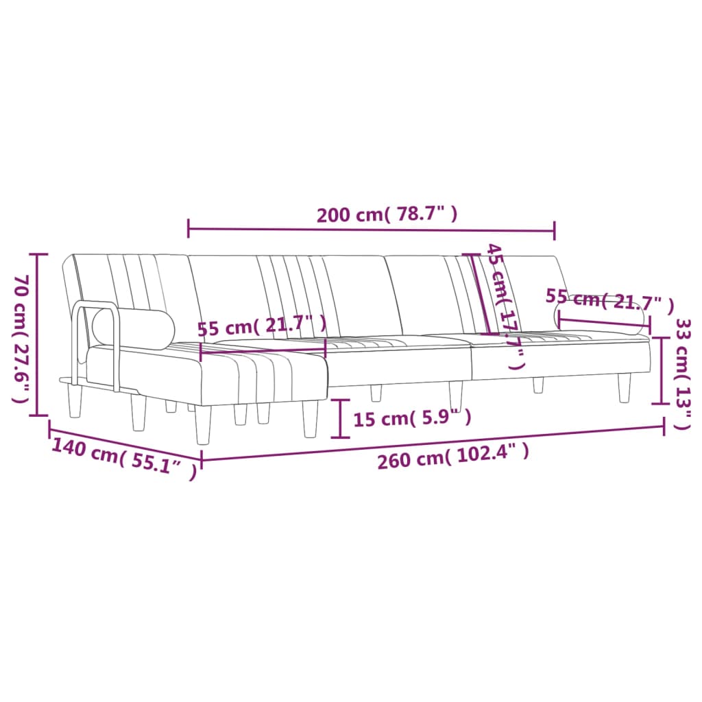 L-formet sovesofa 260x140x70 cm velour sort