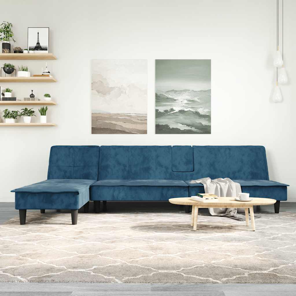 L-formet sovesofa 255x140x70 cm velour blå