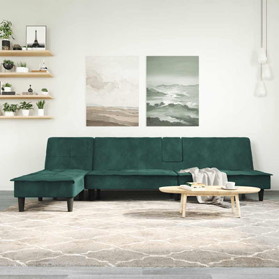 L-formet sovesofa 255x140x70 cm velour mørkegrøn