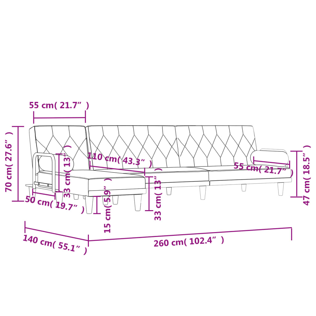 L-formet sovesofa 260x140x70 cm stof sort