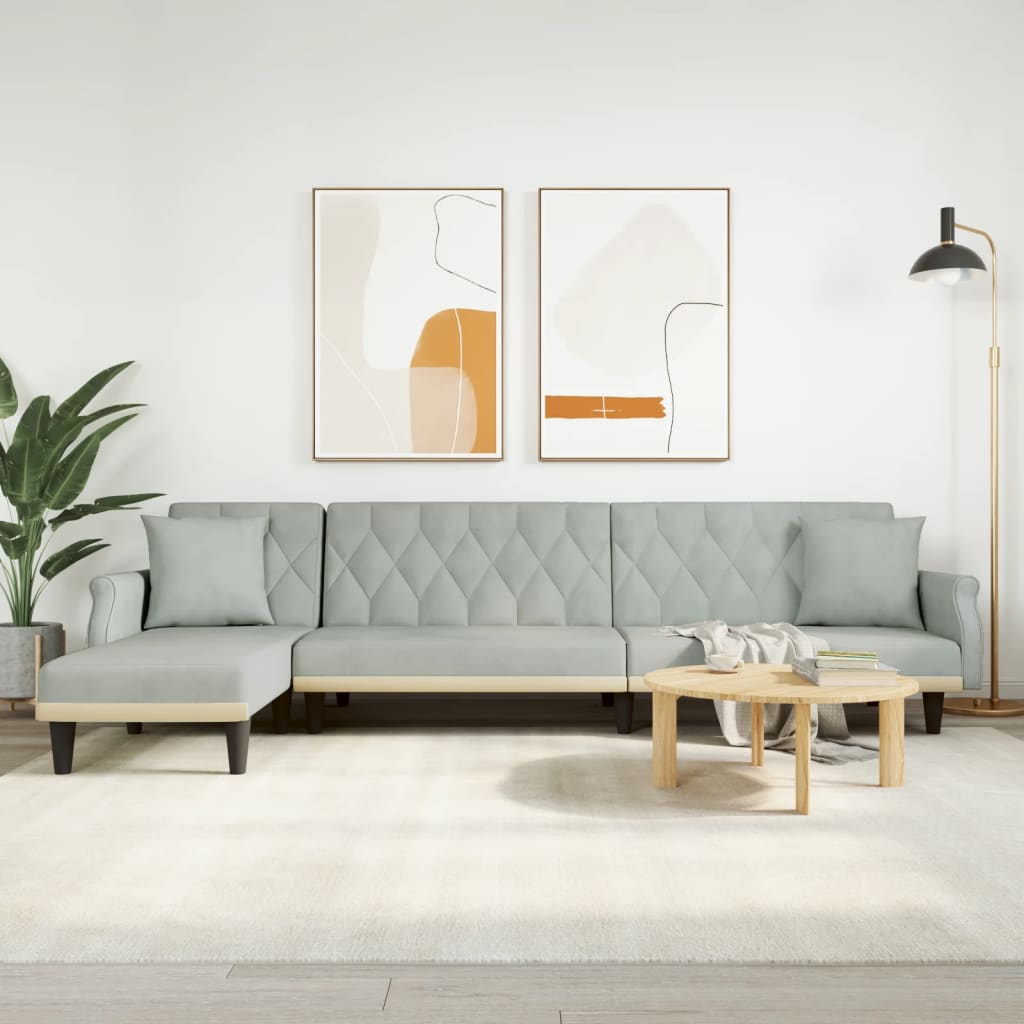 L-formet sovesofa 271x140x70 cm velour lysegrå