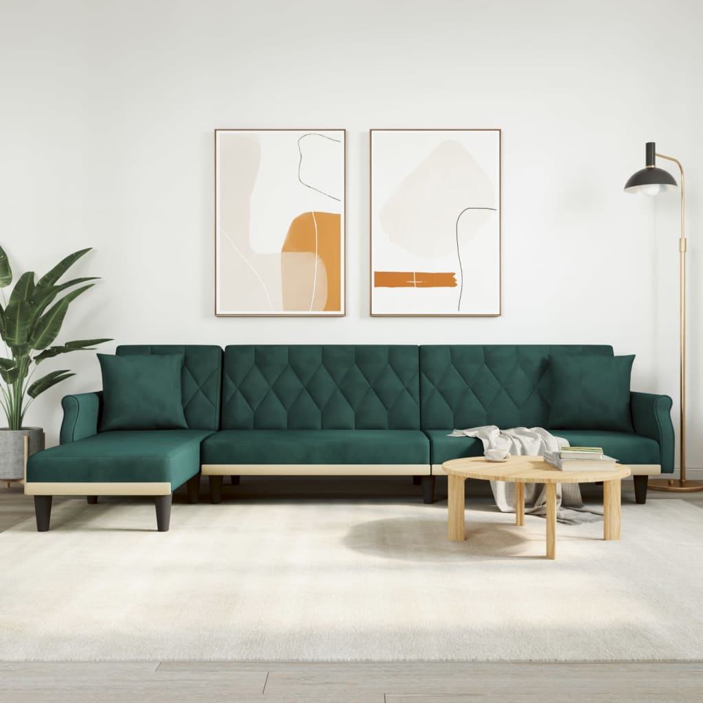 L-formet sovesofa 271x140x70 cm velour mørkegrøn