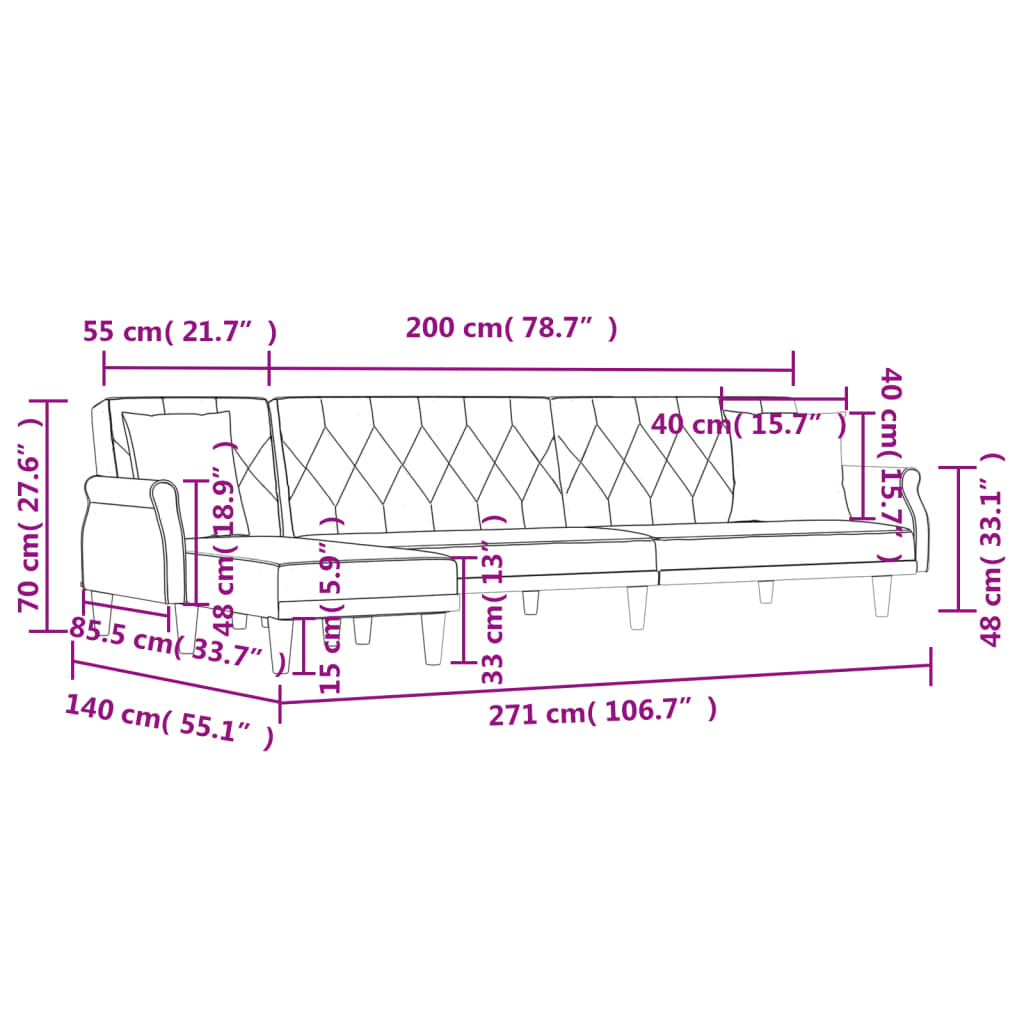 L-formet sovesofa 271x140x70 cm velour sort