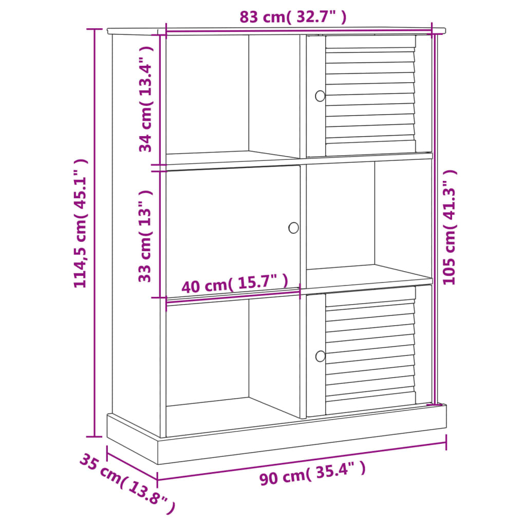 bogreol VIGO 90x35x114,5 cm massivt fyrretræ hvid