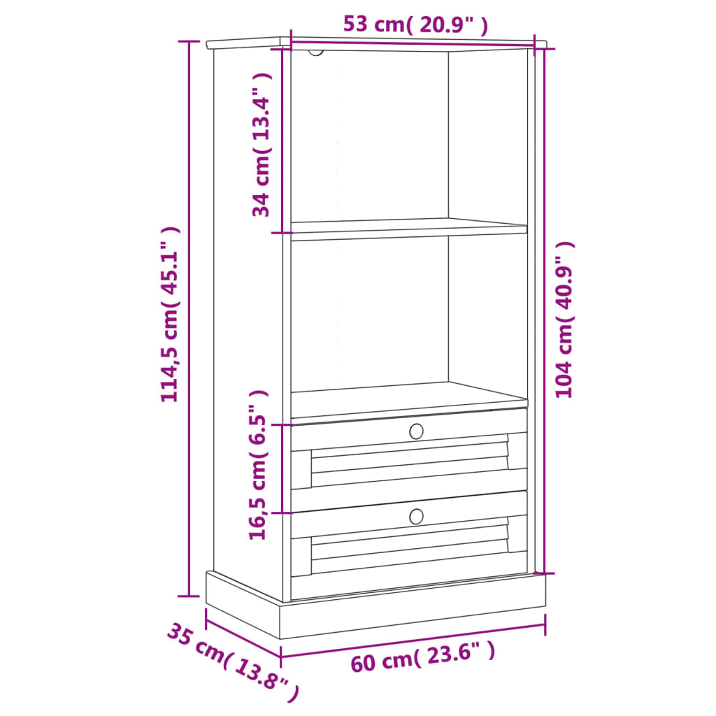 bogreol VIGO 60x35x114,5 cm massivt fyrretræ grå