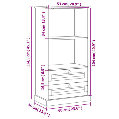 bogreol VIGO 60x35x114,5 cm massivt fyrretræ grå