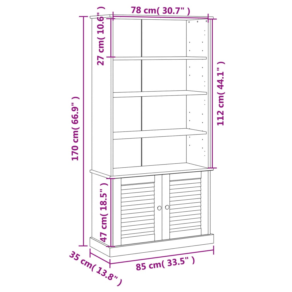 bogreol VIGO 85x35x170 cm massivt fyrretræ grå