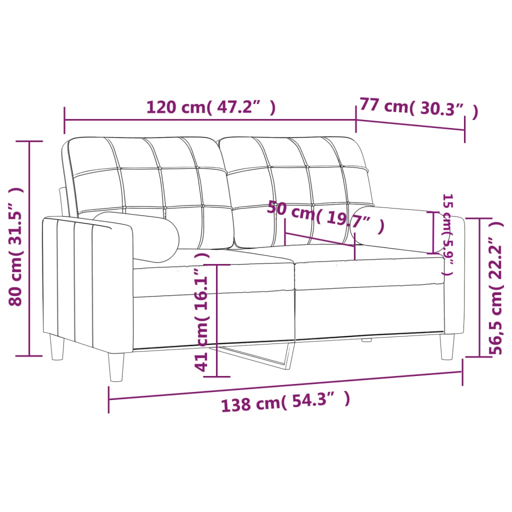 2-personers sofa med pyntepuder 120 cm stof cremefarvet