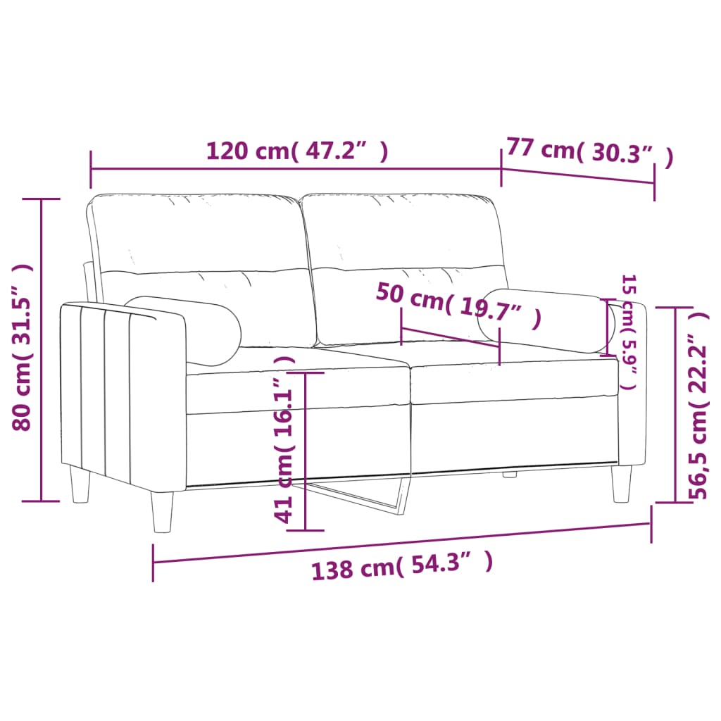 2-personers sofa med pyntepuder 120 cm stof lysegrå